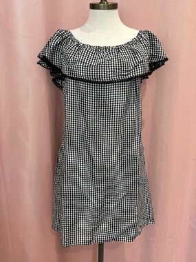 Tommy Bahama Gingham OTS Dress Black White Linen Blend NWT Size L — Minor Flaw